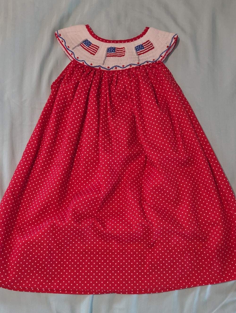 Smockingbird Kids Red Polka Dot Smocked Dress with Flag Motif